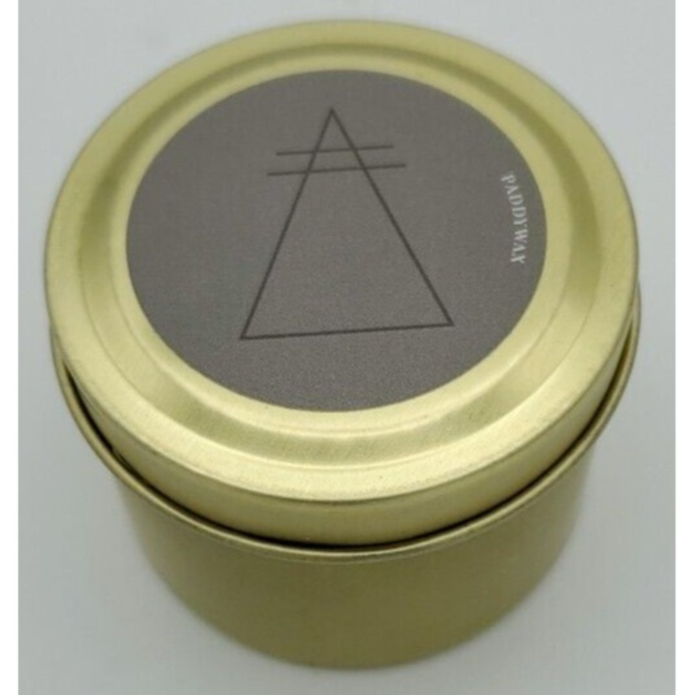 Paddywax Cedarwood and Teak White 2 oz Candle Gold Metal Tin Scratched Triangle‎